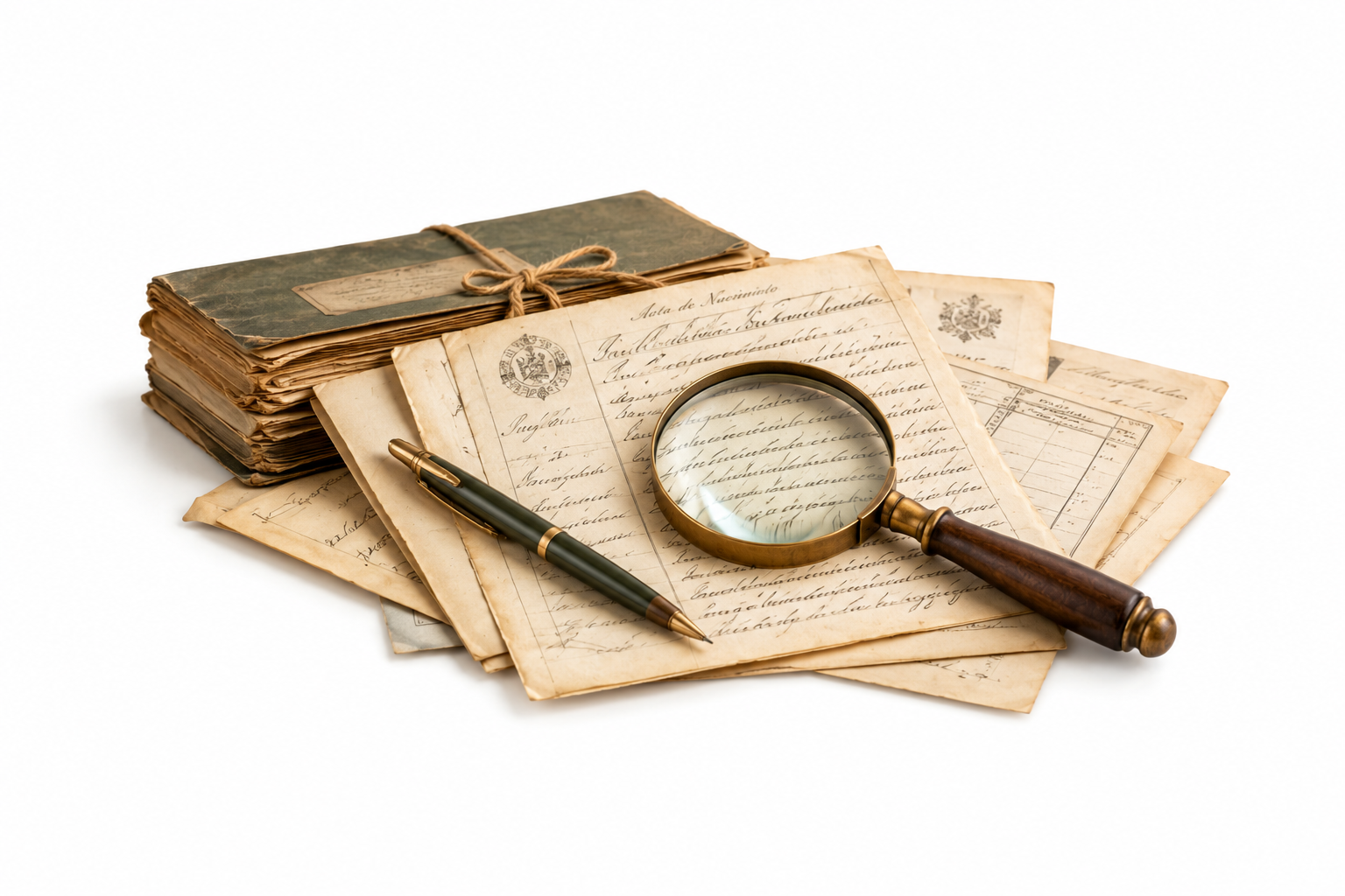 Documentos históricos, registros manuscritos y una lupa utilizados en la investigación genealógica
