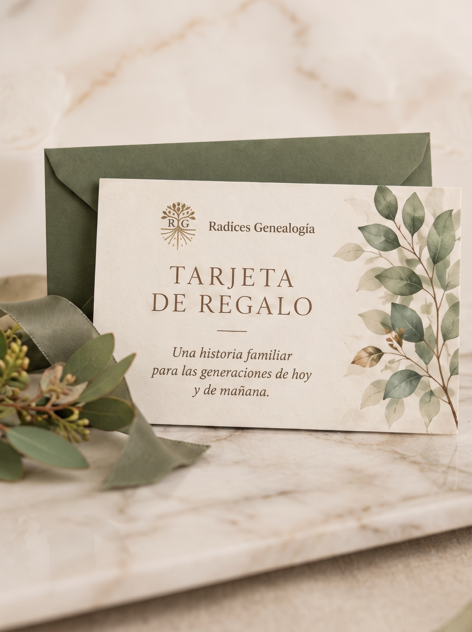 Tarjeta de regalo de Radices Genealogía sobre un sobre verde oliva, con detalles botánicos