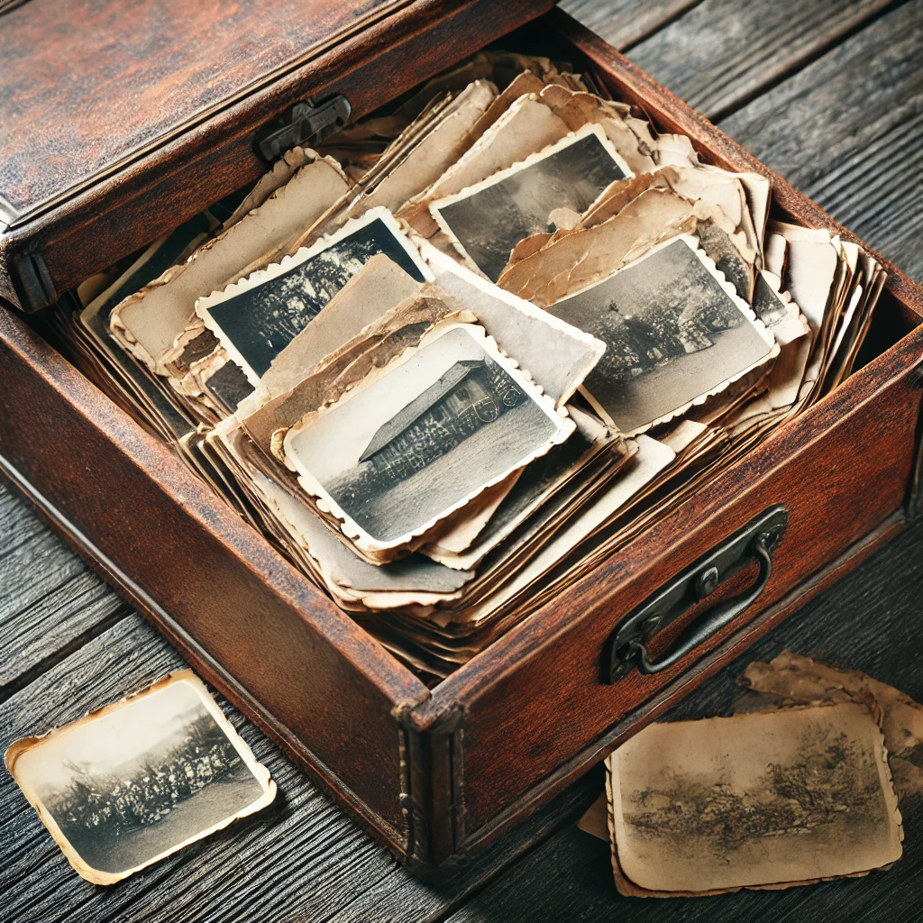 Caja antigua con fotos de antepasados en blanco y negro, representando historia familiar y raíces genealógicas.